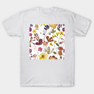 Pressed summer flowers seamless. Dry flowers composition. Romantic Spring blossom. Vibrant botanical print T-Shirt